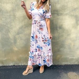 Rose Floral Ruffle Wrap Maxi Dress
